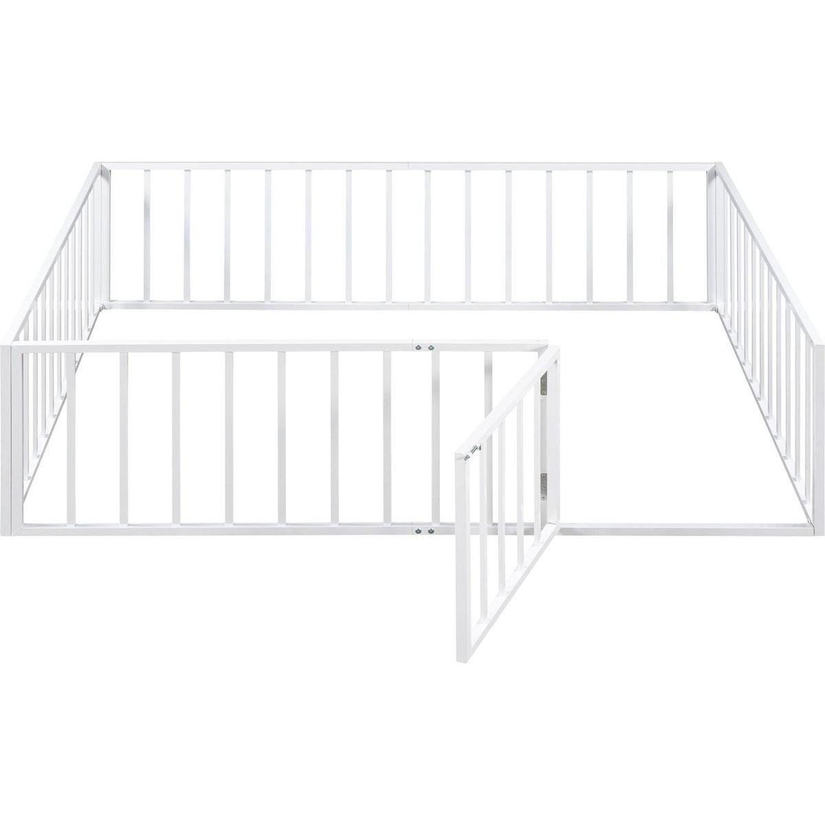 Full Size Metal Floor Bed Frame with Fence and Door, White