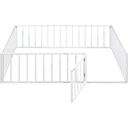Full Size Metal Floor Bed Frame with Fence and Door, White