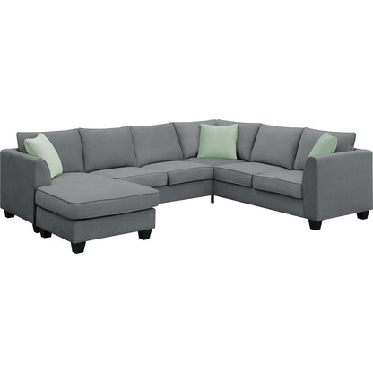 112x87" Sectional Sofa Couches Living Room Sets, 7 Seats Modular Sectional Sofa with Ottoman, L Shape Fabric Sofa Corner Couch Set with 3 Pillows, Grey(New of GS008210AAG)