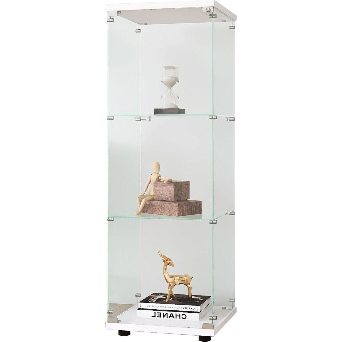 Glass Display Cabinet with 3 Shelves, One-Door Curio Cabinets for Living Room, Bedroom, Office, White Floor Standing Glass Bookshelf, Quick Installation