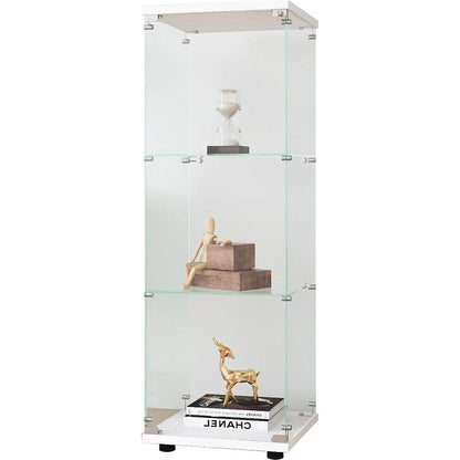 Glass Display Cabinet with 3 Shelves, One-Door Curio Cabinets for Living Room, Bedroom, Office, White Floor Standing Glass Bookshelf, Quick Installation