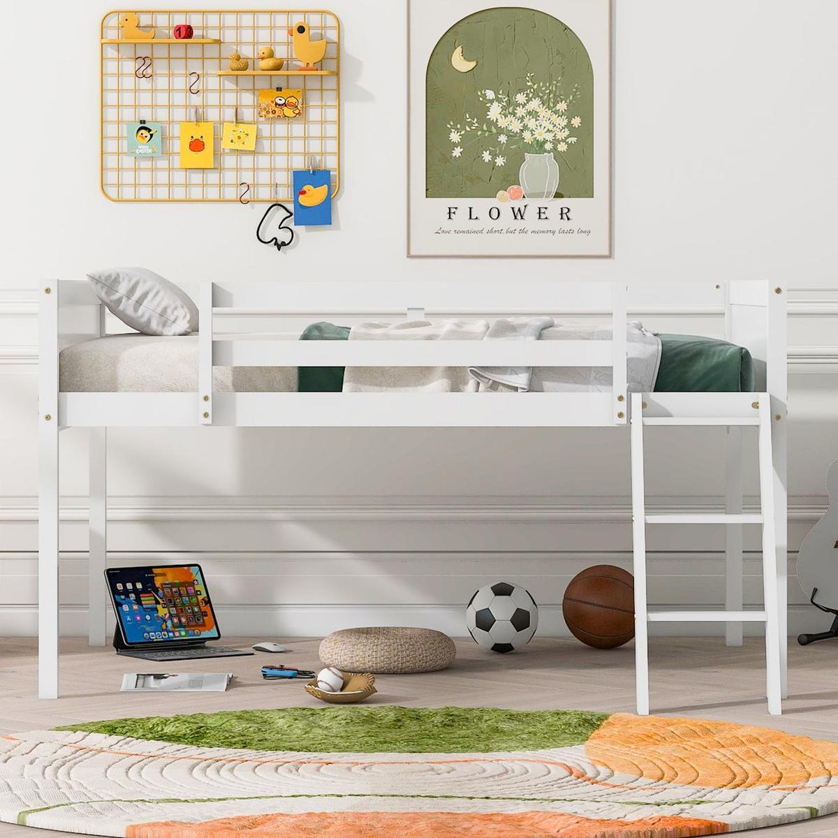 Full Size Wood Low Loft Bed with Ladder, ladder can be placed on the left or right, White(O