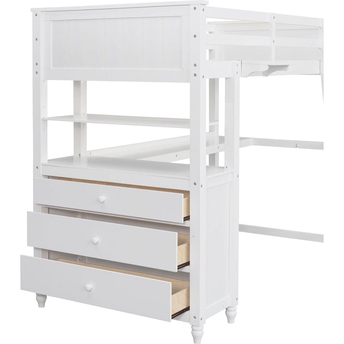 Twin size Loft Bed with Drawers and Desk, Wooden Loft Bed with Shelves - White