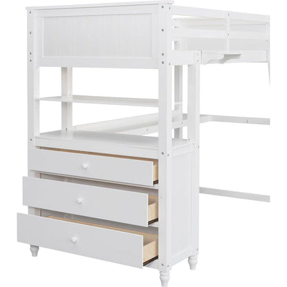 Twin size Loft Bed with Drawers and Desk, Wooden Loft Bed with Shelves - White