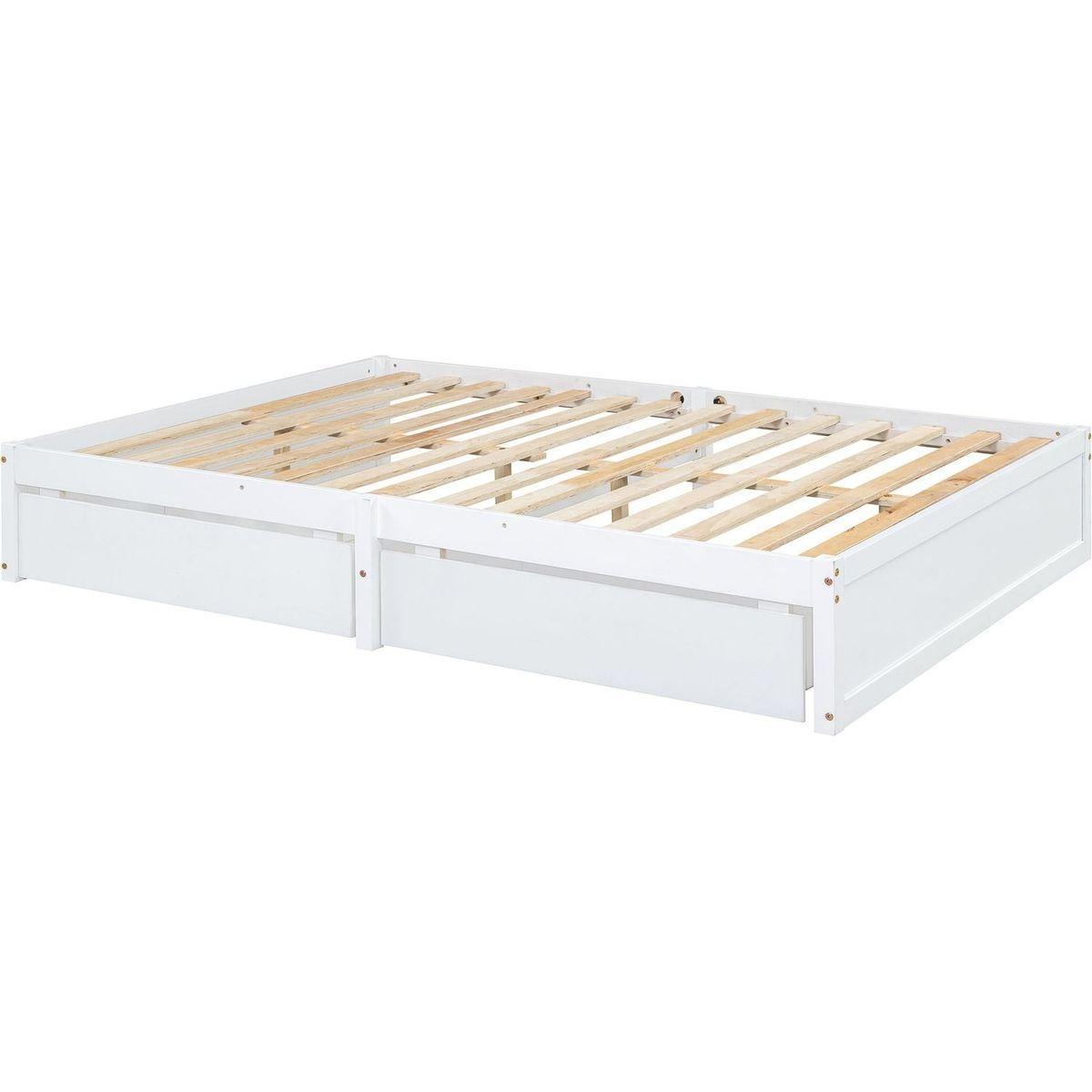Full Size Wood Daybed with Fence Guardrails and 2 Drawers, Split into Independent Floor Bed & Daybed, White