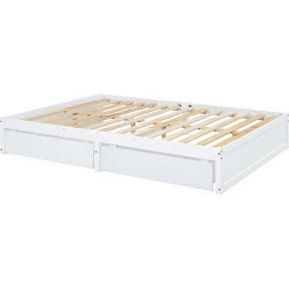 Full Size Wood Daybed with Fence Guardrails and 2 Drawers, Split into Independent Floor Bed & Daybed, White