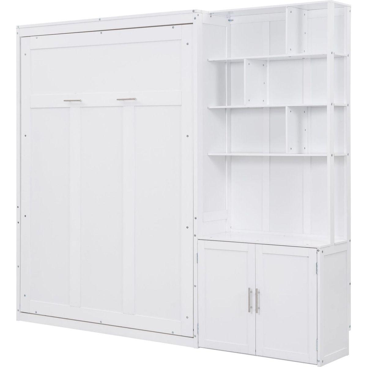 Full Size Murphy Bed with Multiple Storage Shelves and A Cabinet, White