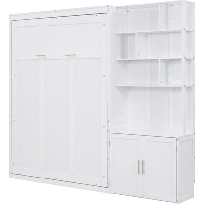 Full Size Murphy Bed with Multiple Storage Shelves and A Cabinet, White