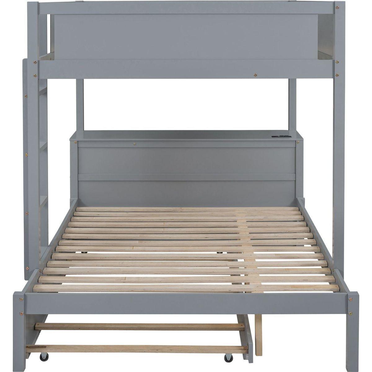Full-Over-Full Bunk Bed with Twin size Trundle, Storage and Desk, Gray