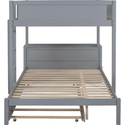 Full-Over-Full Bunk Bed with Twin size Trundle, Storage and Desk, Gray