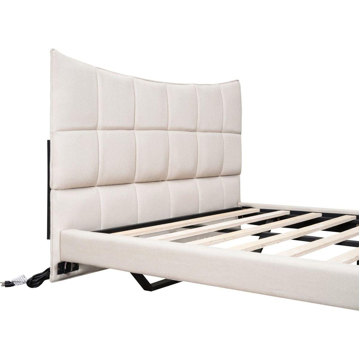 Full Size Upholstered Platform Bed with LED Lights,USB Ports and Outlets,Linen Fabric,Beige