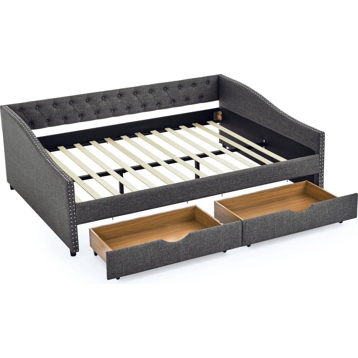 Queen Size Daybed with Drawers Upholstered Tufted Sofa Bed,,with Button on Back and Copper Nail on Waved Shape Arms(84.5"x63.5"x26.5")