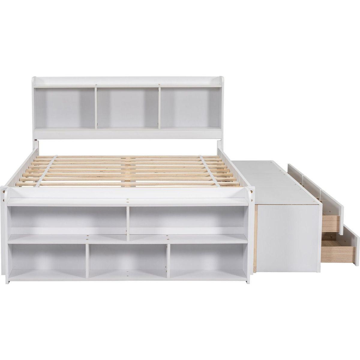 Full Bed with Bookcase Headboard, Under bed Storage Drawers and Bed End Storage Case,White