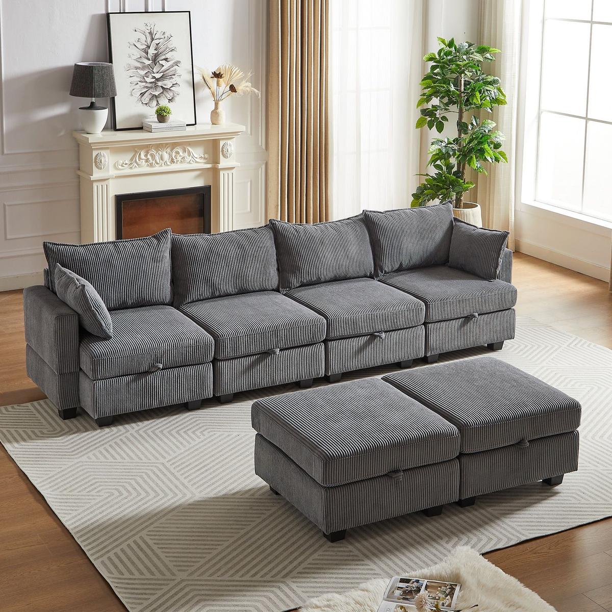 113.5" Modular Sectiona Corduroy Sofa, Sectional Couches for Living Room U Shaped Sectional Couch with Storage Ottoman, 6 Seats Convertible Sectionals with Chaise