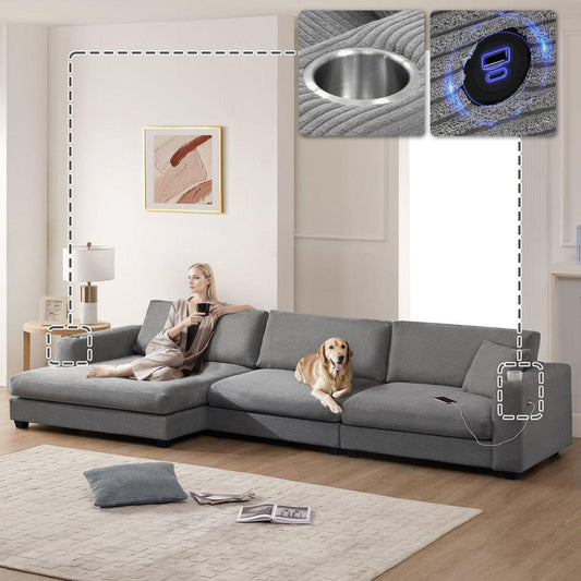 [VIDEO+NEW]134*54' Oversized Corduroy Sectional Sofa,L Shaped Cloud Couch with USB Charging Port,Cup Holder,Deep and Wide Seat Sofa with 50' Chaise,Comfy Indoor Furniture for Living Room,3 Colors