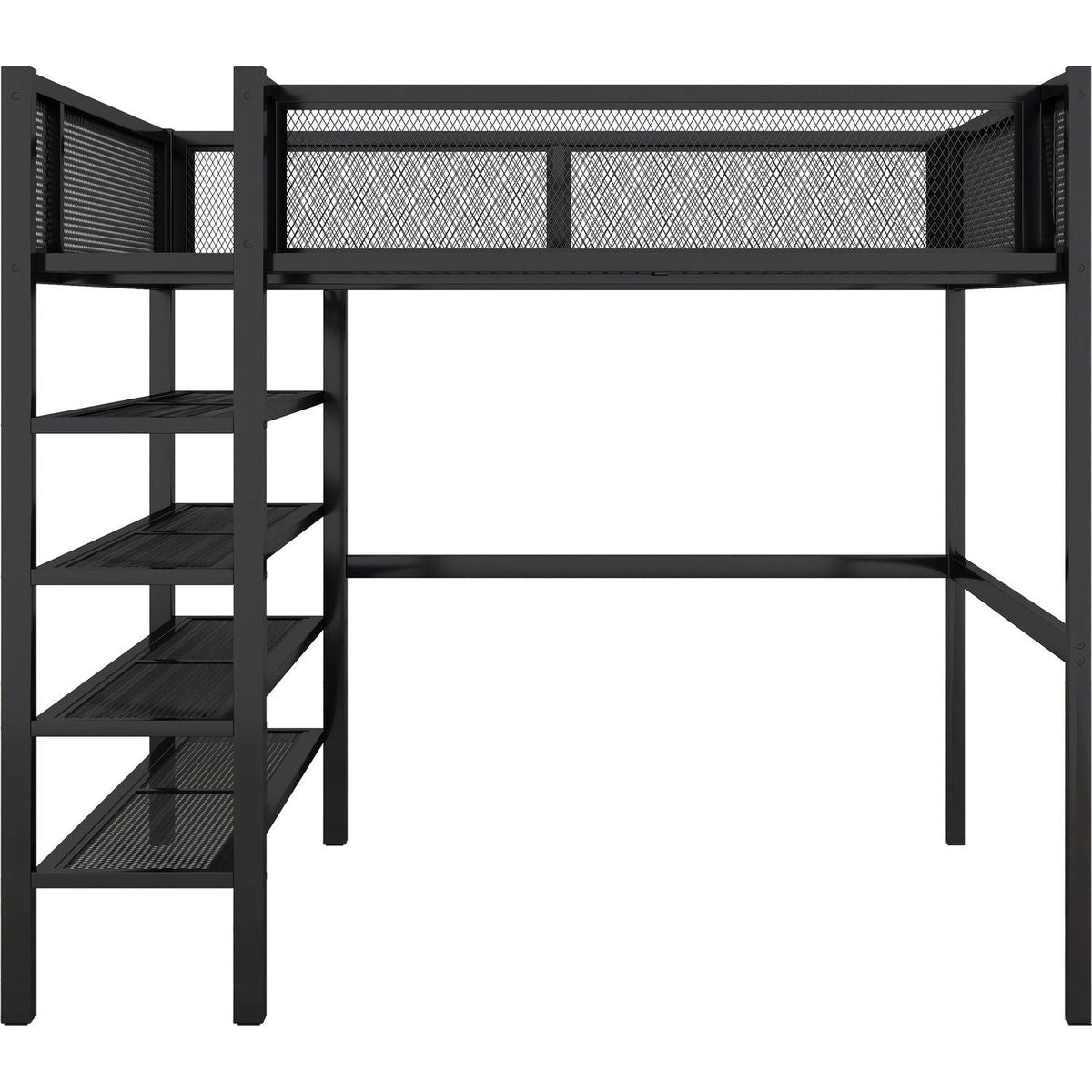 Full Size Metal Loft Bed with 4-Tier Shelves and Storage, Black
