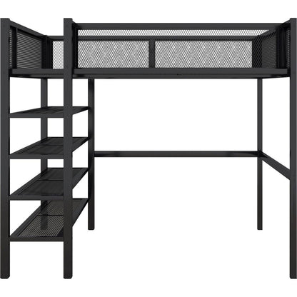 Full Size Metal Loft Bed with 4-Tier Shelves and Storage, Black