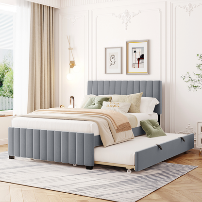 Full Size Velvet Upholstered Platform Bed with Twin Size Trundle, Gray