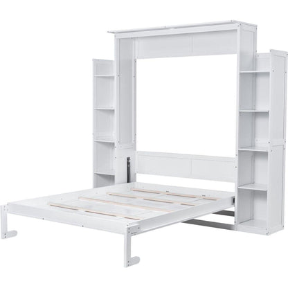 Queen Size Murphy Bed Wall Bed with Shelves and LED Lights,White