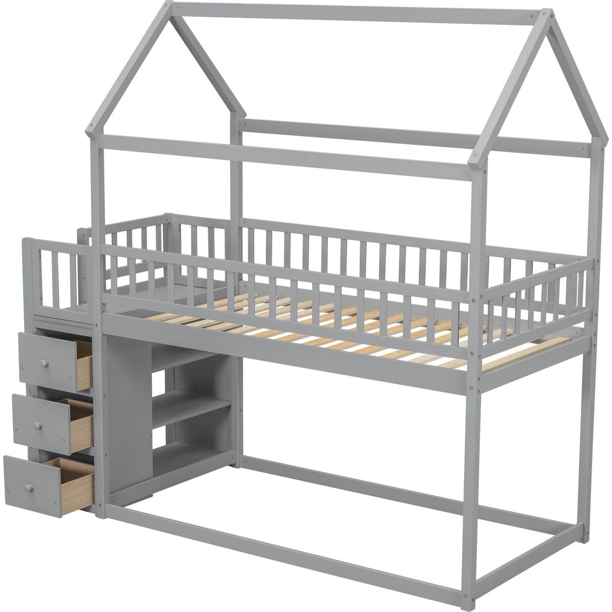 TWIN/TWIN HOUSE BUNK BED WITH SHELVES AND DRAWERS FOR GREY COLOR
