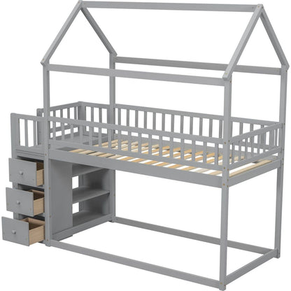TWIN/TWIN HOUSE BUNK BED WITH SHELVES AND DRAWERS FOR GREY COLOR