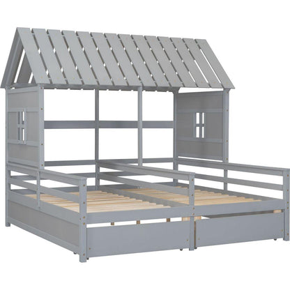 Twin Size House Platform Beds with Two Drawers for Boy and Girl Shared Beds, Combination of 2 Side by Side Twin Size Beds, Gray