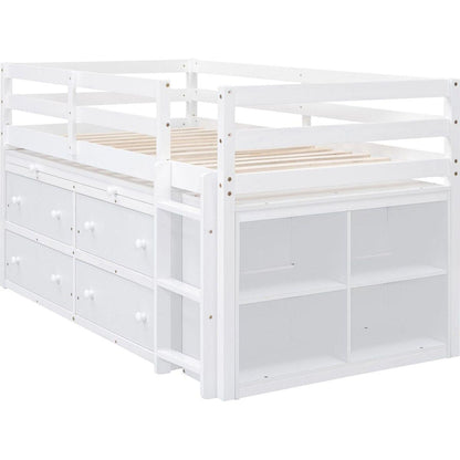 Twin Size Loft Bed with Retractable Writing Desk and 4 Drawers, Wooden Loft Bed with Lateral Portable Desk and Shelves, White