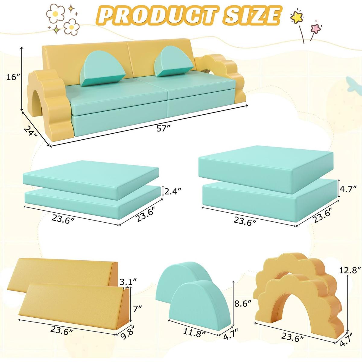 10PCS Kids Couch for Playroom, Baby Climbing and Crawl Foam Play Set, Foam Climbing Blocks Convertible Sofa, Kids Play Couch, Indoor Climbing Structure for Toddlers, Infant, Kids, Pre-school