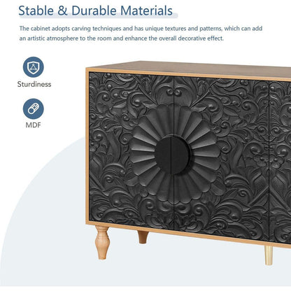 Black Carved Symmetrical Design Door And Wood Coloured Frame For TV Stand Table,Living Room, Entryway