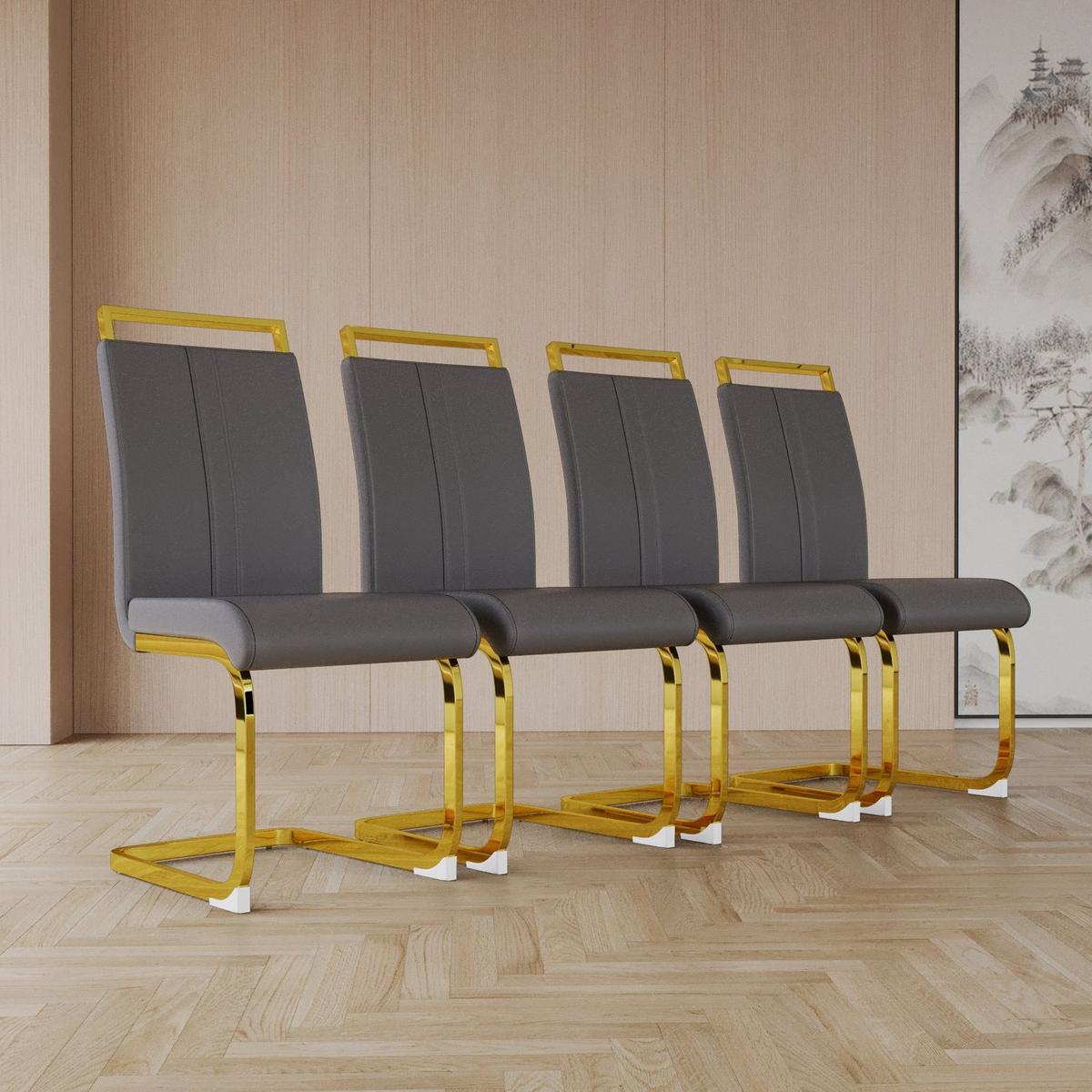 Modern Dining Chairs,PU Faux Leather High Back Upholstered Side Chair with C-shaped Tube. Plating Golden Metal Legs for Dining Room Kitchen Vanity Patio Club Guest Office Chair (Set of 4) (Grey+PU)