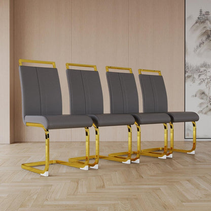Modern Dining Chairs,PU Faux Leather High Back Upholstered Side Chair with C-shaped Tube. Plating Golden Metal Legs for Dining Room Kitchen Vanity Patio Club Guest Office Chair (Set of 4) (Grey+PU)