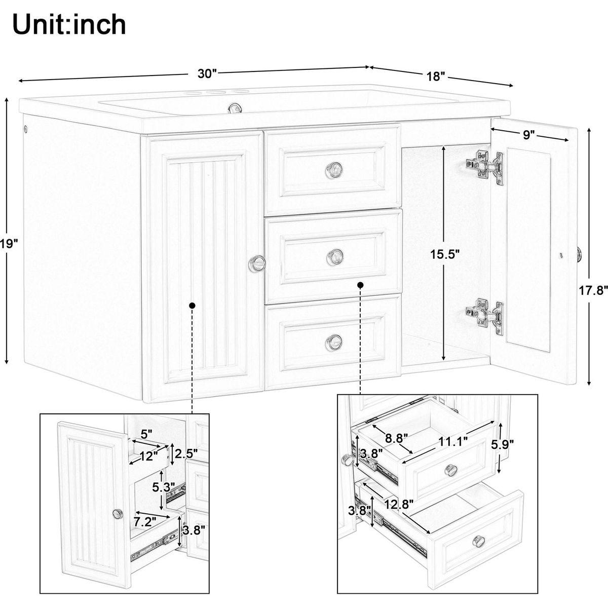 30" Wall Mounted Bathroom Vanity with Sink Combo, Functional Drawer, Solid Wood & MDF Board & Ceramic, Green