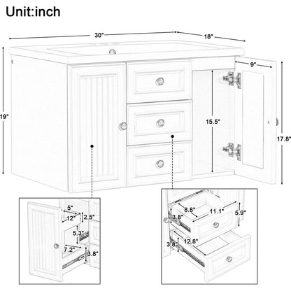 30" Wall Mounted Bathroom Vanity with Sink Combo, Functional Drawer, Solid Wood & MDF Board & Ceramic, Green