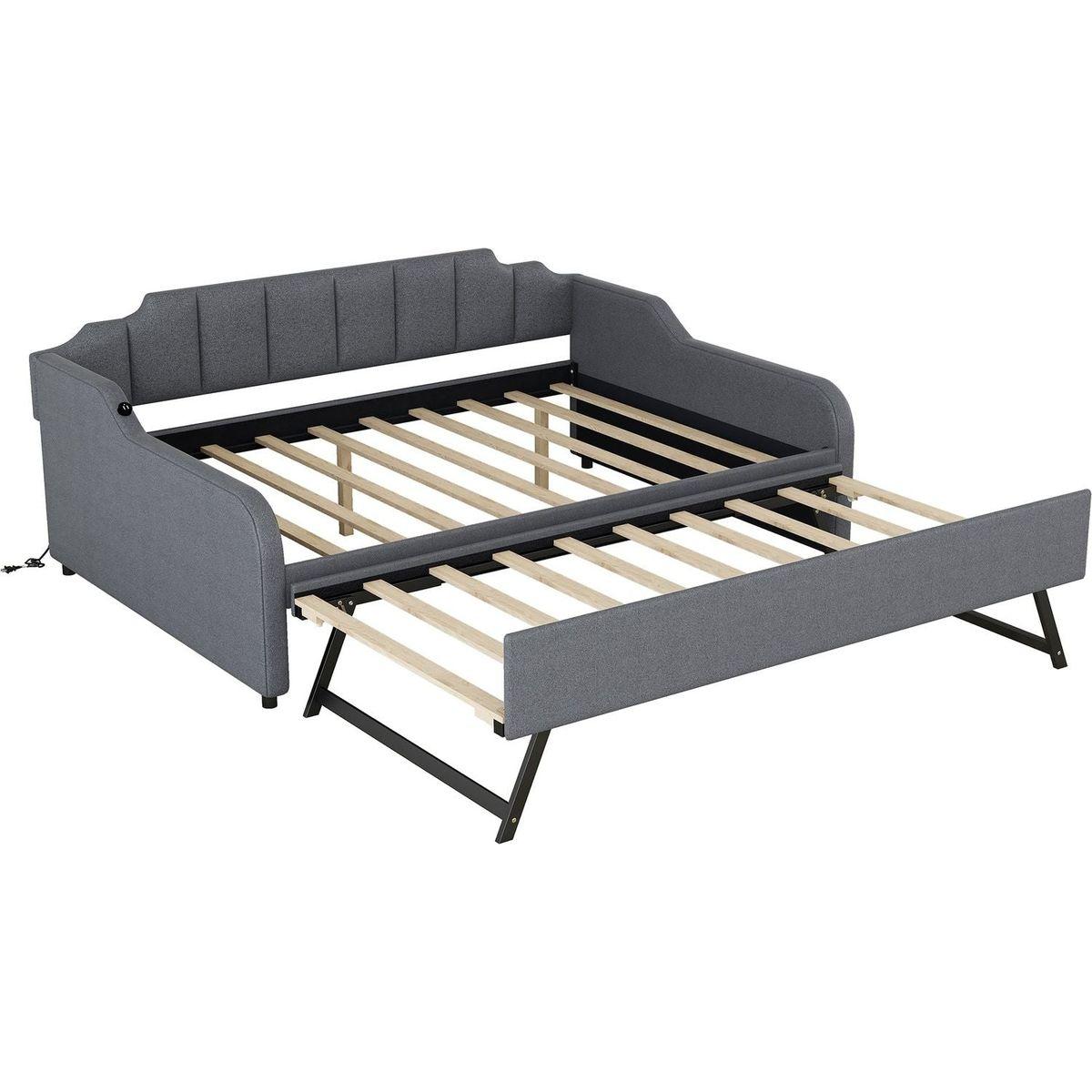 Full Size Upholstery Daybed with Trundle and USB Charging Design,Trundle can be flat or erected,Gray