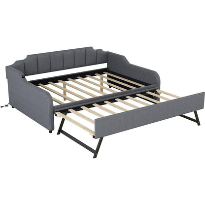 Full Size Upholstery Daybed with Trundle and USB Charging Design,Trundle can be flat or erected,Gray