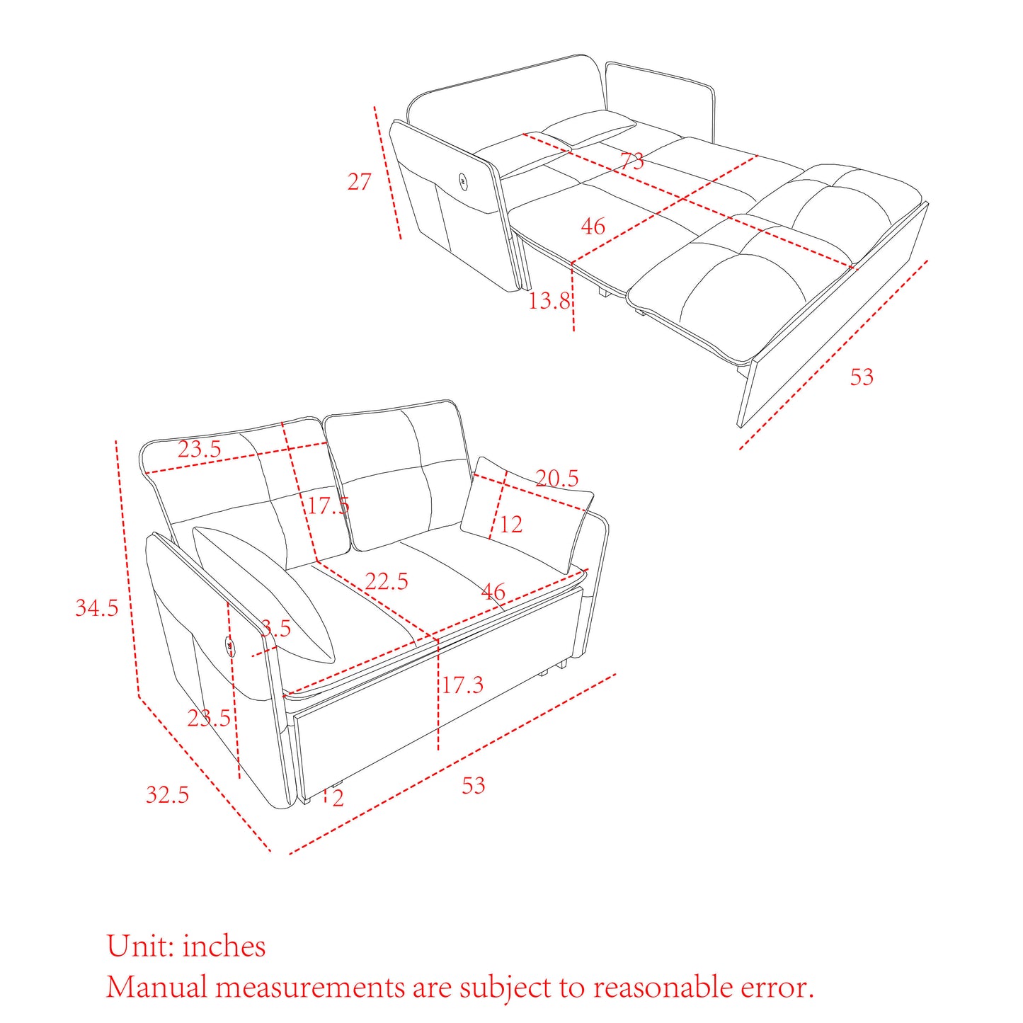 53" Modern Convertible Sofa Bed w/2 Removable Armrests w/USB Power Port, Velvet Recliner Adjustable Sofa w/Head Pull-Out Bed, 2 Pillows, For Living Room Apartment etc., White-Orange