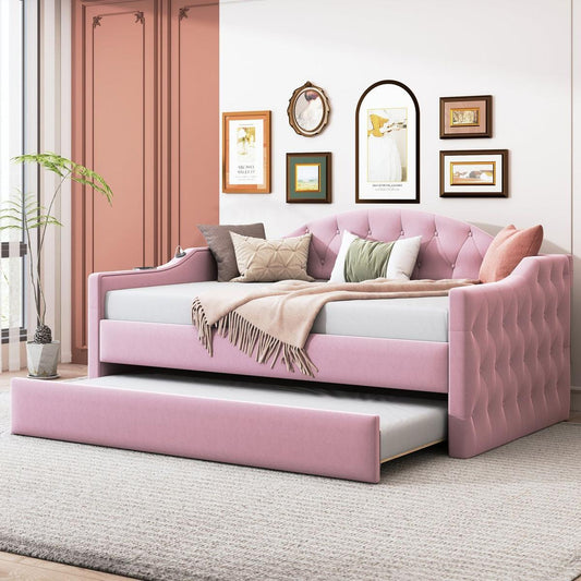 Twin Size Tufted Upholstered Daybed with Trundle, Velvet Sofabed with USB&Type-C Charging Ports,No Box-spring Needed, Pink