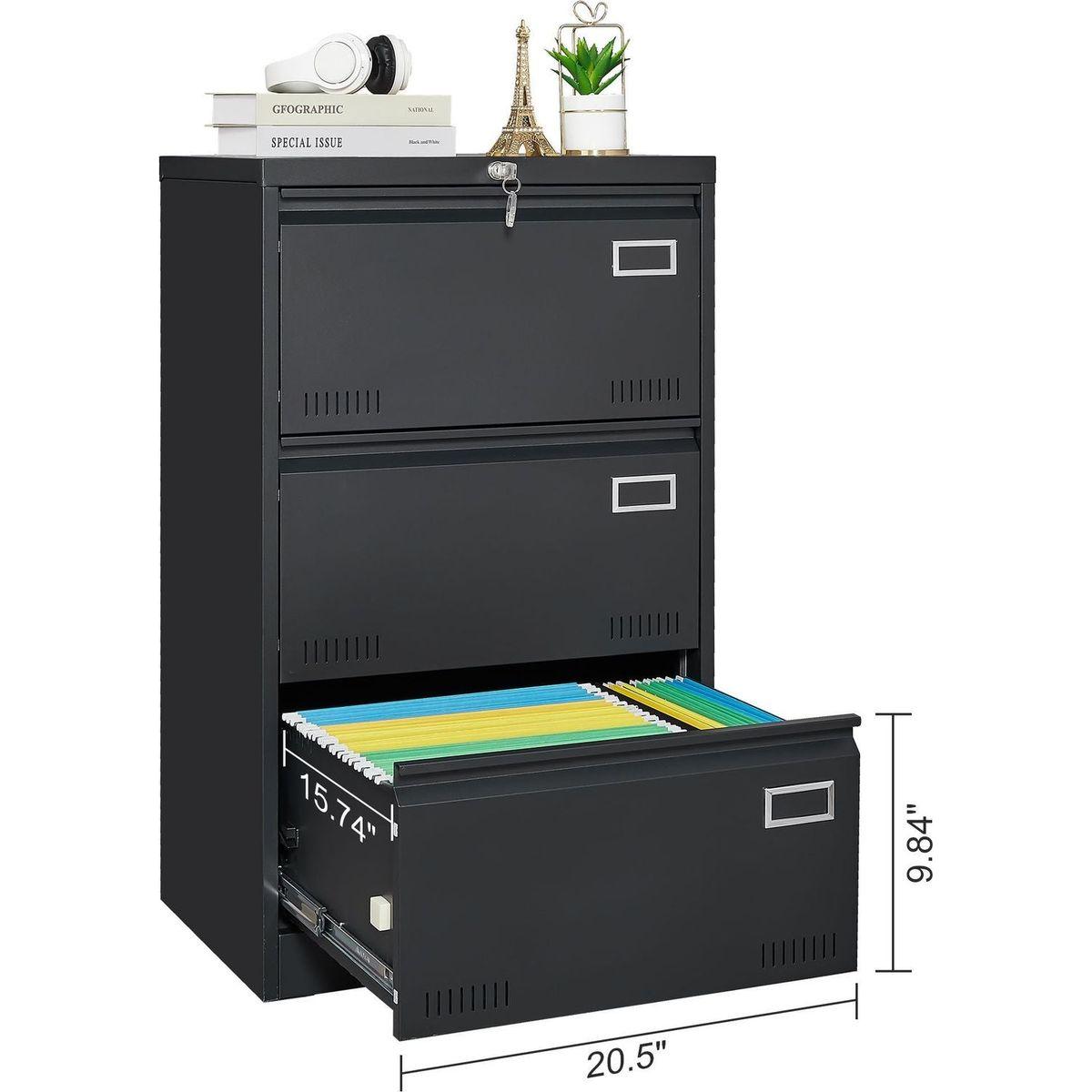 Filing Cabinet Lateral File Cabinet 3 Drawer, Blcak Locking Metal File Cabinets Three Drawer, Office Filing Cabinet with Lock Drawers for Home Office/Legal/Letter/A4/F4