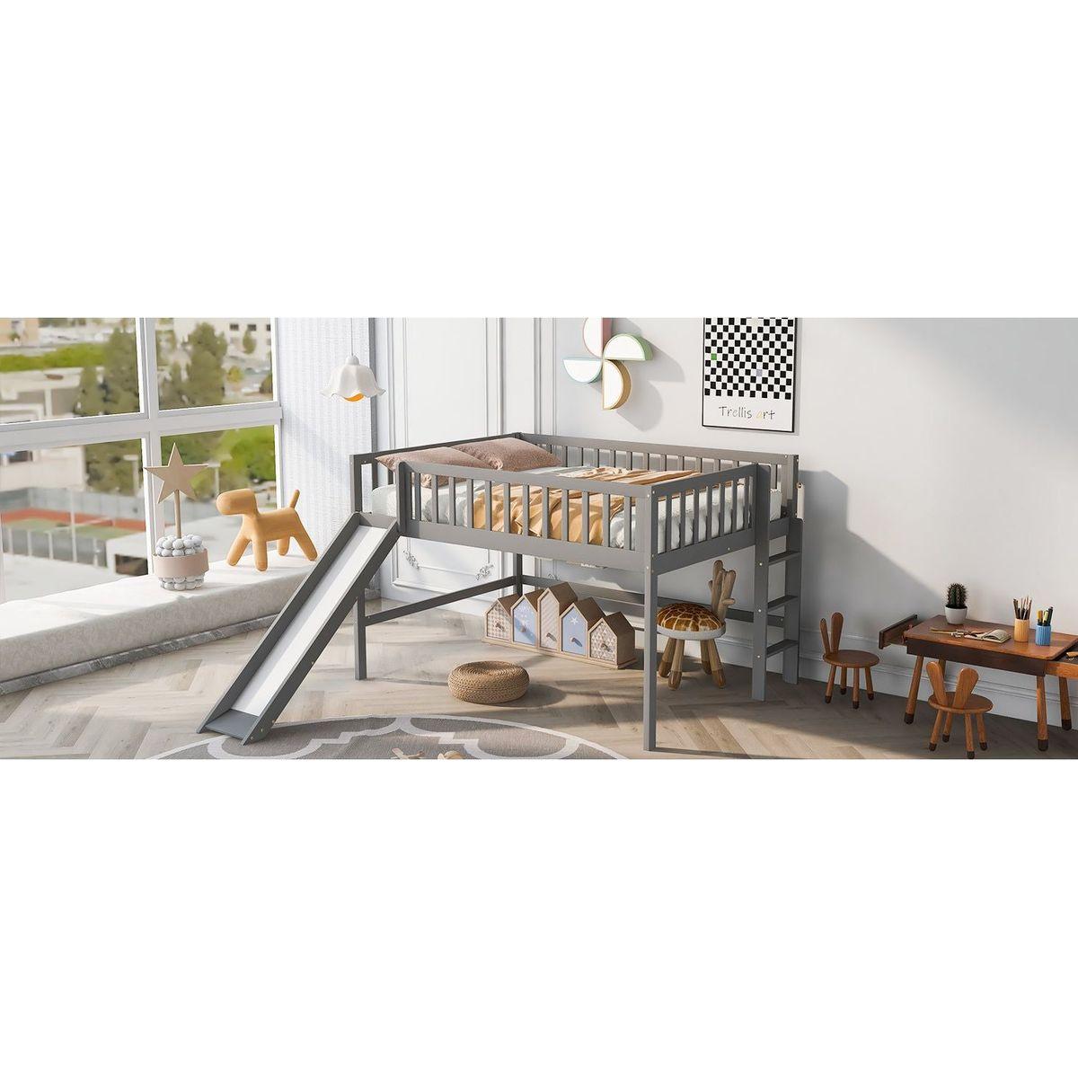 Full Size Low Loft Bed with Ladder and Slide,Gray