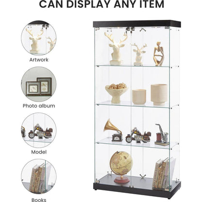 4-Tier Glass Display Cabinet, Double Door Glass Cabinet, Four Partitions, Two Locks, Floor Standing Storage Cabinet for Living Room, Bedroom, Showroom and Office, Black, 31.5"L x 14.2"W x 66.3"H