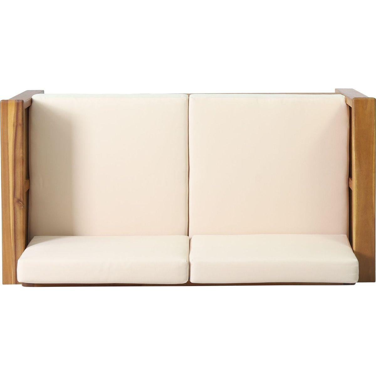 Teak Acacia Wood Loveseat and Coffee Table Set with Cream Cushions