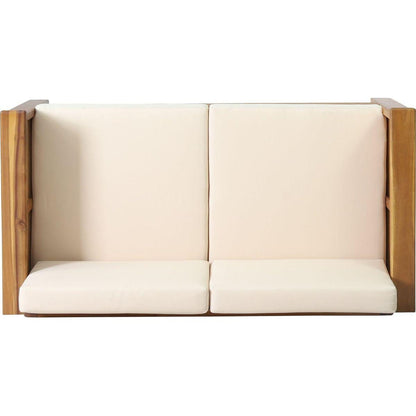Teak Acacia Wood Loveseat and Coffee Table Set with Cream Cushions