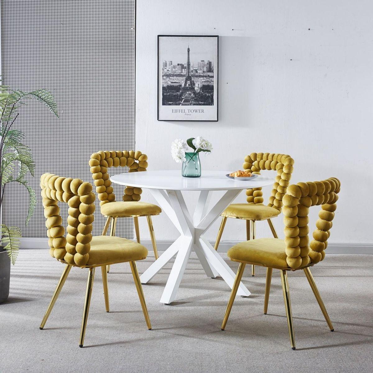 yellow and gold Modern chair(set of 4 ) with iron tube legs, soft cushions and comfortable backrest, suitable for dining room, living room, cafe,hairball back