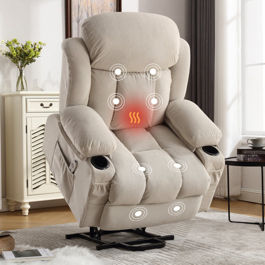 Power Lift Recliner Chair with Heat and Massage Electric Fabric Recliner Chair for Elderly with Side Pocket, USB Charge Port, Remote Control for Living Room (BEIGE)A+B