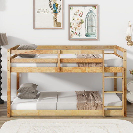 Solid Wooden, Solid Rubber Wooden Twin over Twin Loft Bed with Ladder, with Bed Platform of Strengthened Slats , Natural - Streamdale Furniture