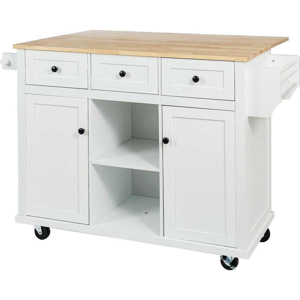 Kitchen Cart with Rubber wood Drop-Leaf Countertop, Cabinet door internal storage racks,Kitchen Island on 5 Wheels with Storage Cabinet and 3 Drawers for Dining Room,White
