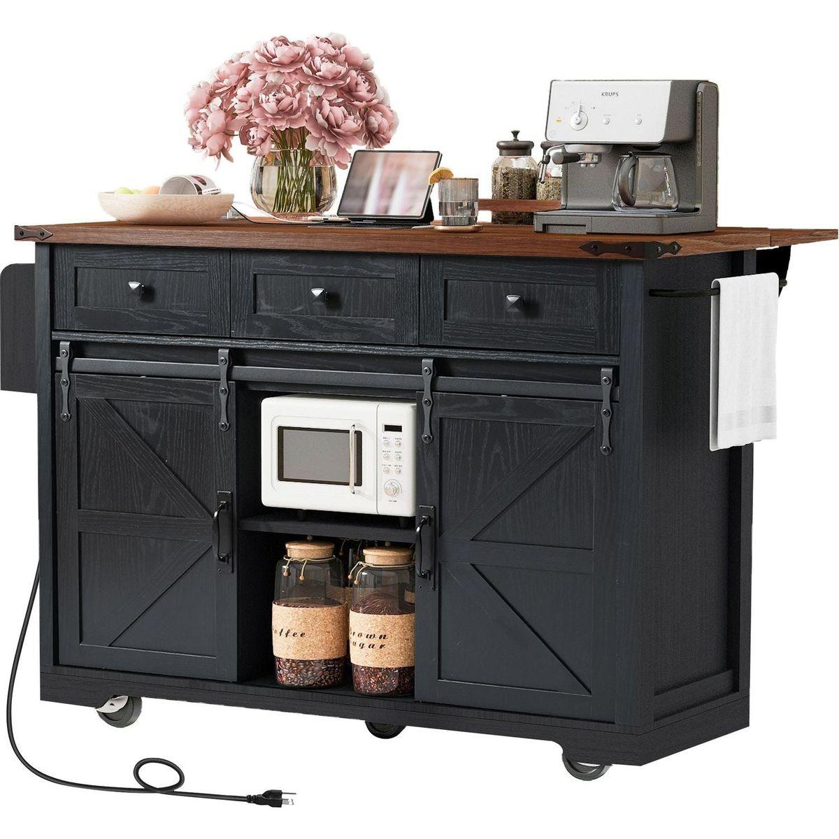 53.7" Farmhouse Kitchen Island with Power Outlet, 2 Sliding Barn Door Kitchen Storage Island with Drop Leaf, Spice Rack Rolling Kitchen Cart on Wheels, for Home, Kitchen and Dining Room, Black