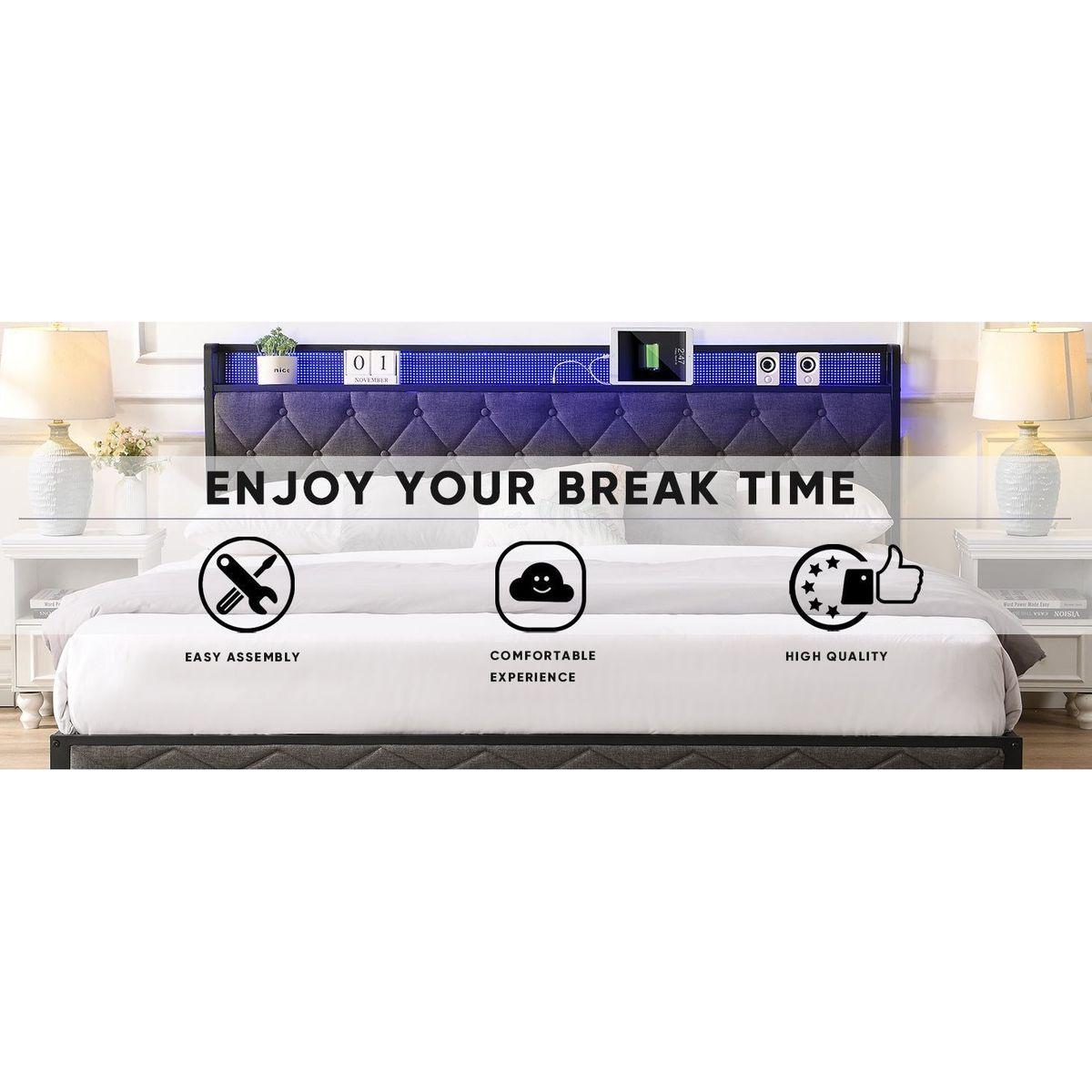 King Bed Frame with Storage Headboard, Charging Station and LED Lights, Upholstered Platform Bed with Heavy Metal Slats, No Box Spring Needed, Noise Free, Easy Assembly, Dark Gray