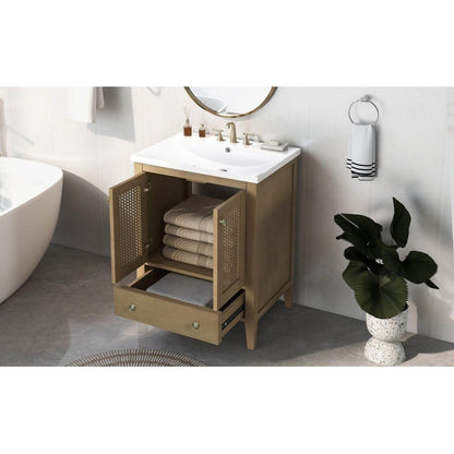 24" Bathroom Vanity with Ceramic Basin, Rattan Bathroom Storage Cabinet with Two Doors and Drawer, Solid Frame, Natural