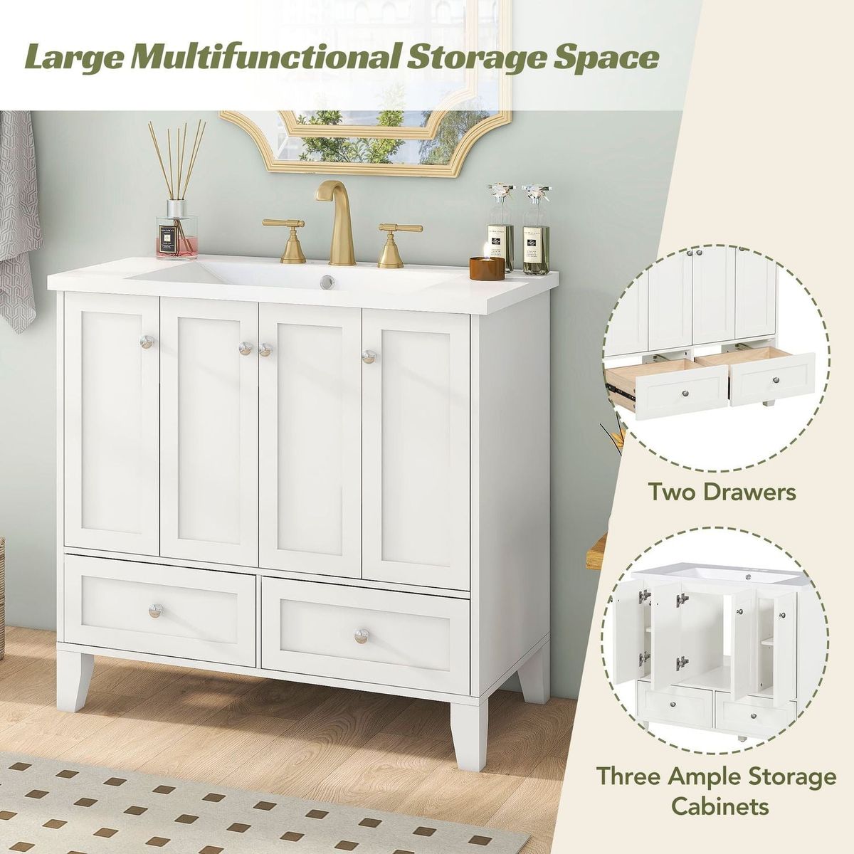 36" Bathroom Vanity with Resin Sink Combo,Solid Wood Frame Bathroom Storage Cabinet, Freestanding Vanity Set with 4 Soft Closing Doors& 2 Drawers